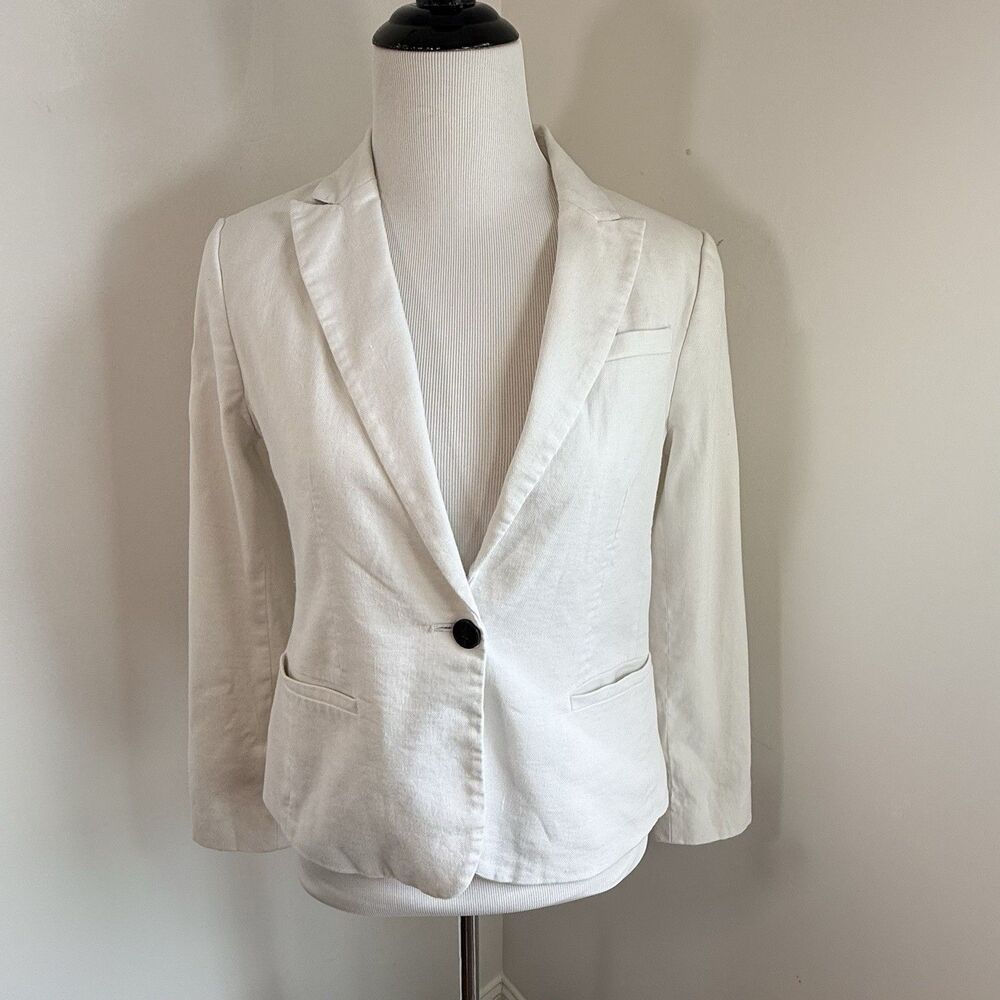 Banana Republic Lina Linen Blend Women's Blazer P 2 White Minimalist Career Chic